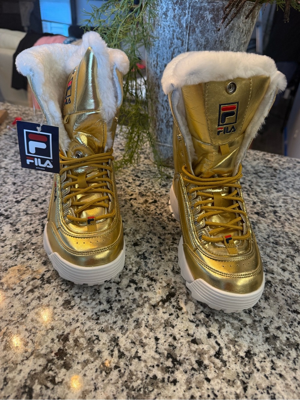 FILA Kids Metallic Gold Lace-Up Boots with White Faux Fur Trim